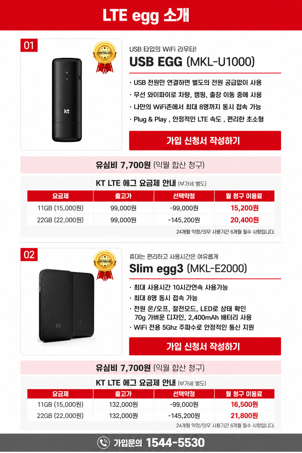 KT LTE 에그 USB EGG(MKL-U1000)와 Slim egg3(MKL-E2000) 제품·요금 및 가입 신청 안내